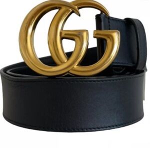 Gucci Black Smooth Calfskin Leather Gold Double G Buckle Belt 110/44.